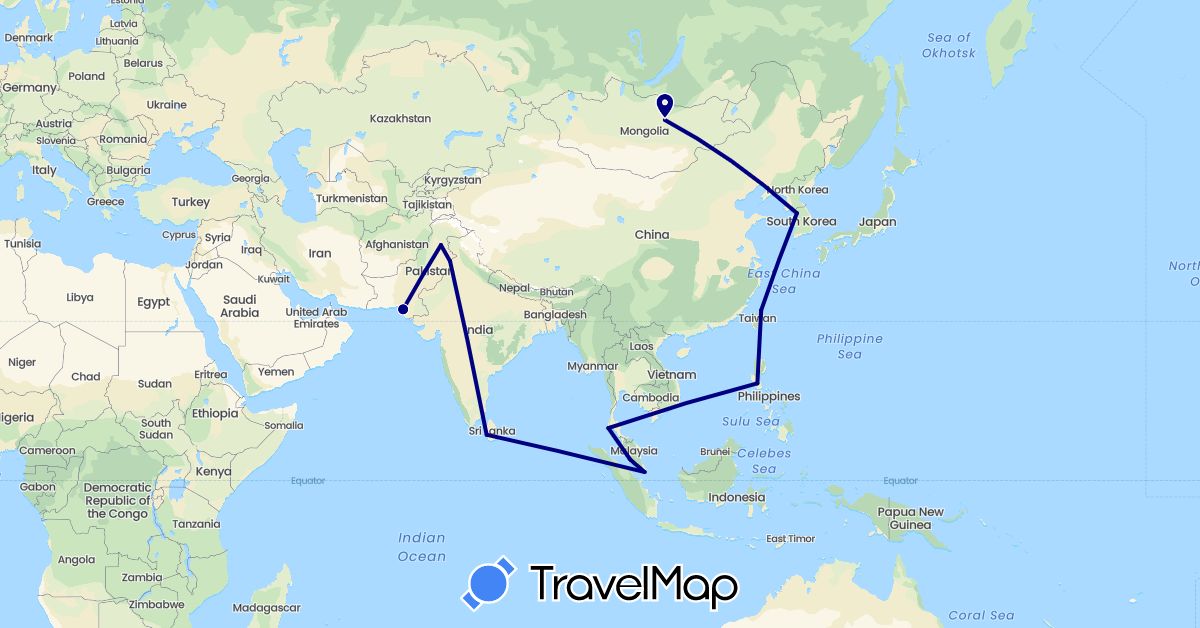 TravelMap itinerary: driving in South Korea, Sri Lanka, Mongolia, Malaysia, Philippines, Pakistan, Singapore, Thailand, Taiwan (Asia)
